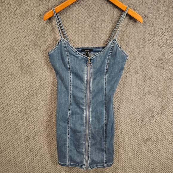 Forever 21 Women Medium Wash Denim Zip Front Bodycon Mini Dress Size M - Picture 2 of 7